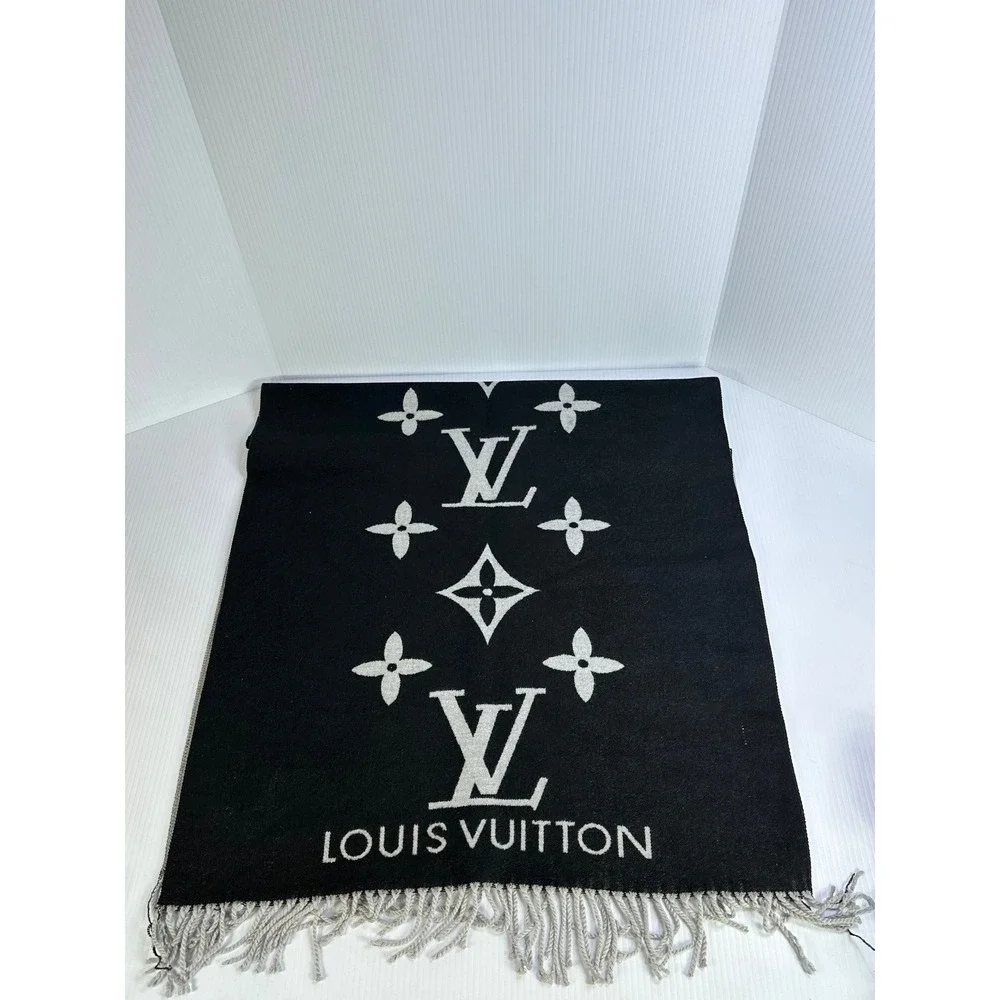 Louis Vuitton Logomania Scarf Black Silver Monogram Silk Wool M75748 Italy #4203